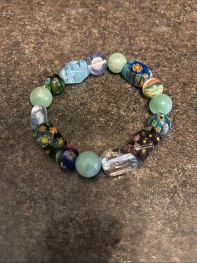 Handmade Multicolor Glass Bead Stretch Bracelet - Aqua & Blue